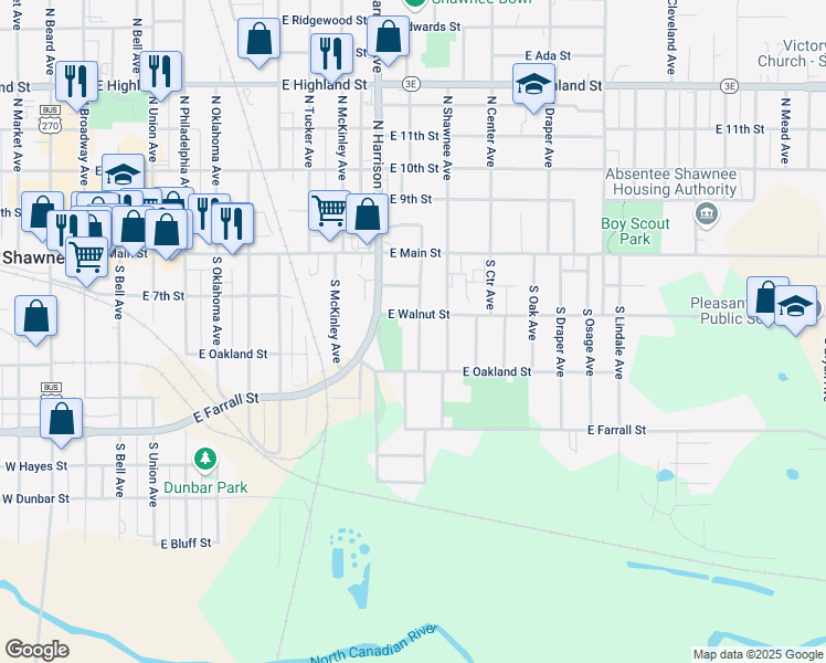 map of restaurants, bars, coffee shops, grocery stores, and more near 208 South Dixon Avenue in Shawnee