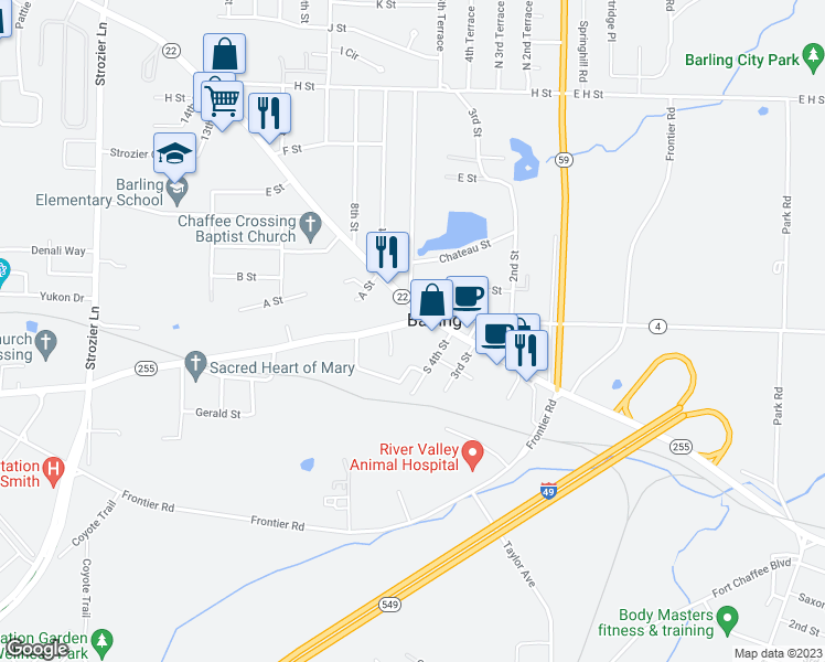 map of restaurants, bars, coffee shops, grocery stores, and more near 603 Church Street in Barling