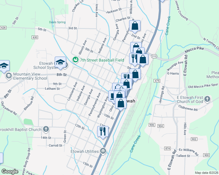 map of restaurants, bars, coffee shops, grocery stores, and more near 723 Pennsylvania Avenue in Etowah
