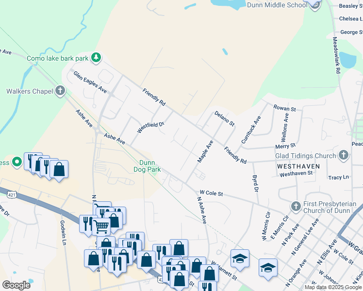 map of restaurants, bars, coffee shops, grocery stores, and more near 101 Greenwich Court in Dunn