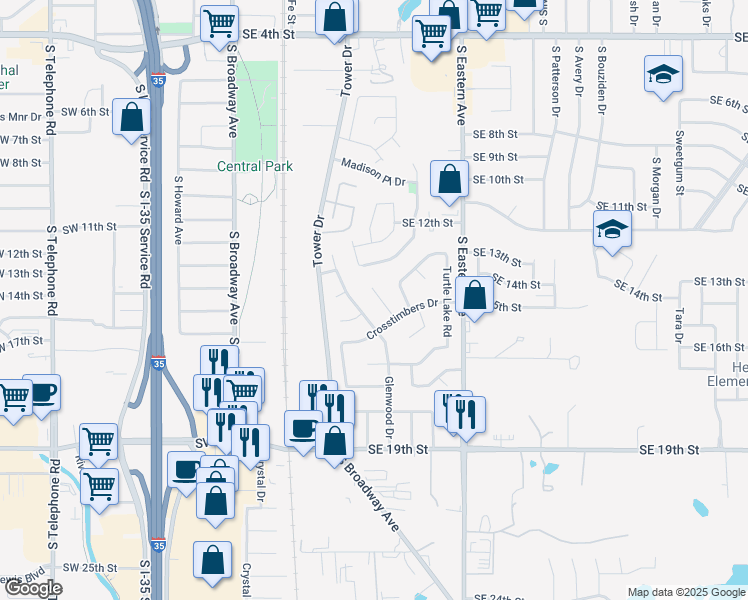 map of restaurants, bars, coffee shops, grocery stores, and more near 1515 Hollow Oak Street in Moore
