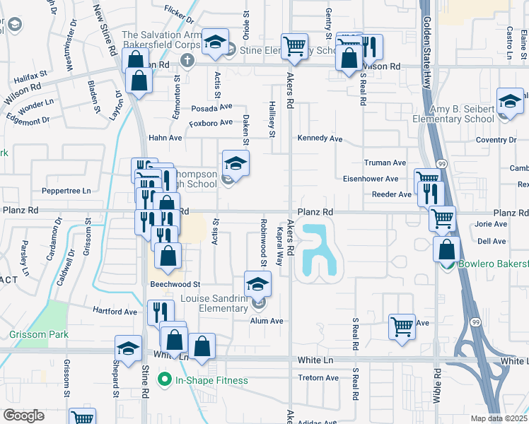 map of restaurants, bars, coffee shops, grocery stores, and more near 4110 Planz Road in Bakersfield