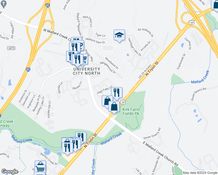 map of restaurants, bars, coffee shops, grocery stores, and more near 415 Oakwood Creek Lane in Charlotte