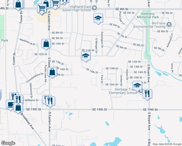 map of restaurants, bars, coffee shops, grocery stores, and more near 1214 Southeast 14th Street in Moore
