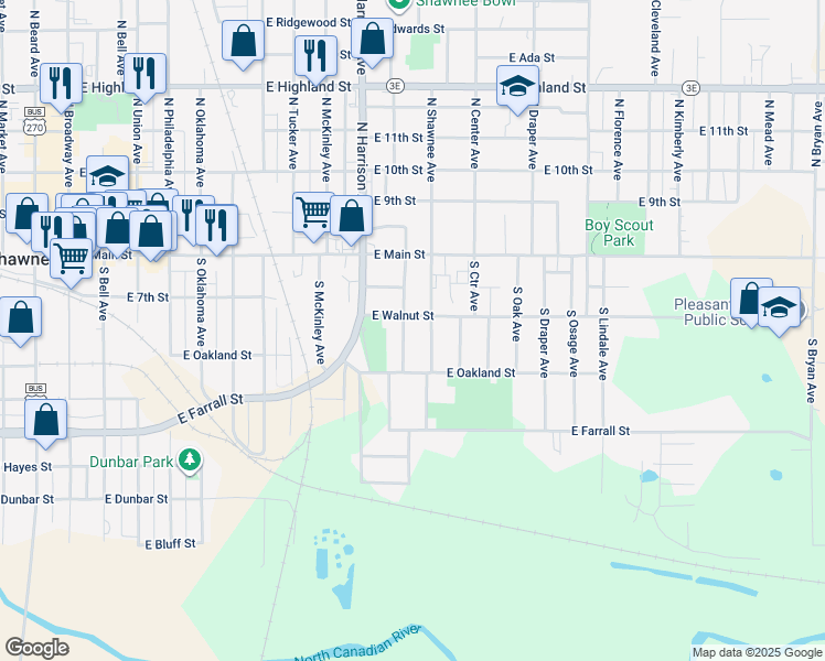 map of restaurants, bars, coffee shops, grocery stores, and more near 208 South Dixon Avenue in Shawnee