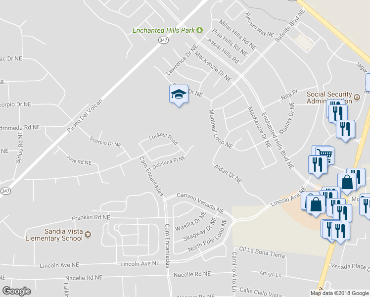 map of restaurants, bars, coffee shops, grocery stores, and more near 7141 Lookout Road in Rio Rancho
