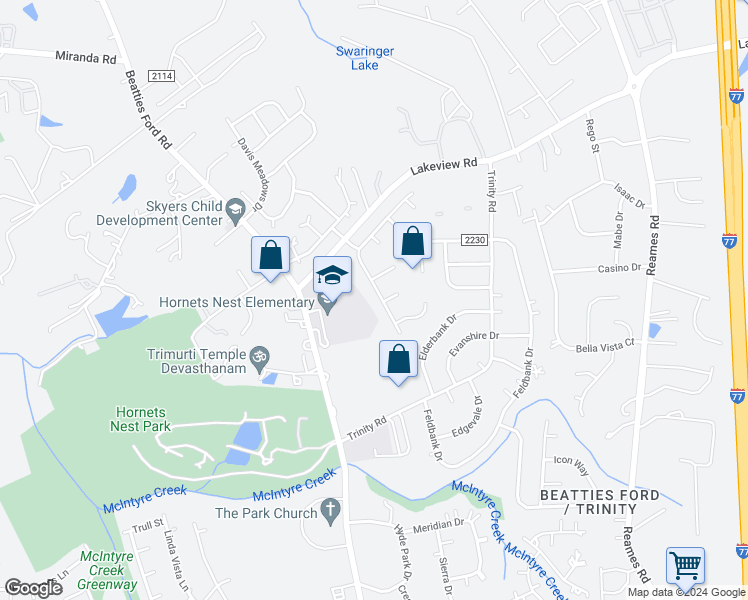 map of restaurants, bars, coffee shops, grocery stores, and more near 4107 Craven Hill Drive in Charlotte