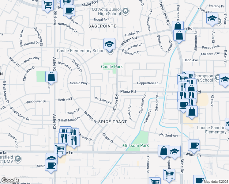 map of restaurants, bars, coffee shops, grocery stores, and more near 6200 Wilson Road in Bakersfield