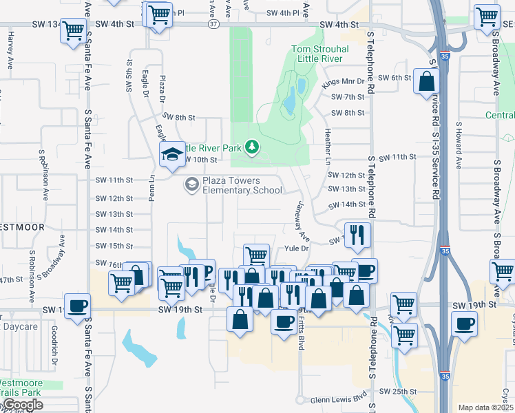 map of restaurants, bars, coffee shops, grocery stores, and more near 747 Southwest 13th Street in Moore