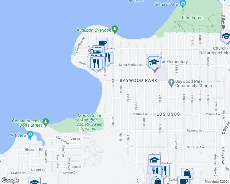 map of restaurants, bars, coffee shops, grocery stores, and more near 1468 4th Street in Baywood-Los Osos