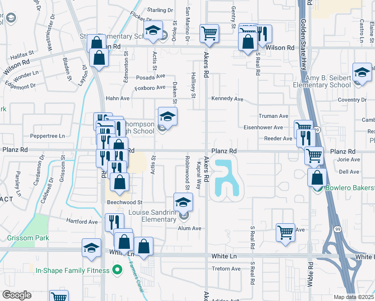 map of restaurants, bars, coffee shops, grocery stores, and more near 4200 Planz Road in Bakersfield