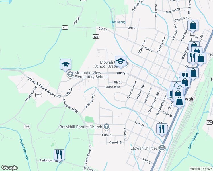 map of restaurants, bars, coffee shops, grocery stores, and more near 820 Scott Avenue in Etowah