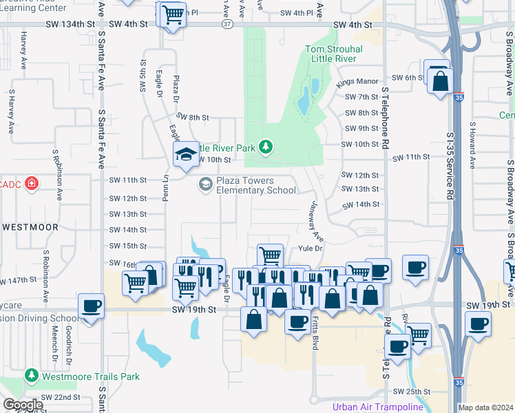 map of restaurants, bars, coffee shops, grocery stores, and more near 763 Southwest 13th Street in Moore