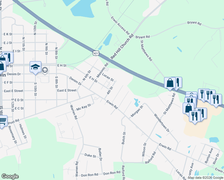 map of restaurants, bars, coffee shops, grocery stores, and more near 201 4th Street in Erwin