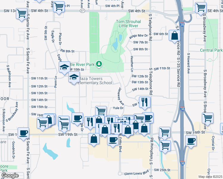 map of restaurants, bars, coffee shops, grocery stores, and more near 721 Southwest 13th Street in Moore