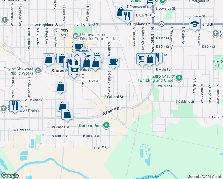map of restaurants, bars, coffee shops, grocery stores, and more near 225 South Oklahoma Avenue in Shawnee