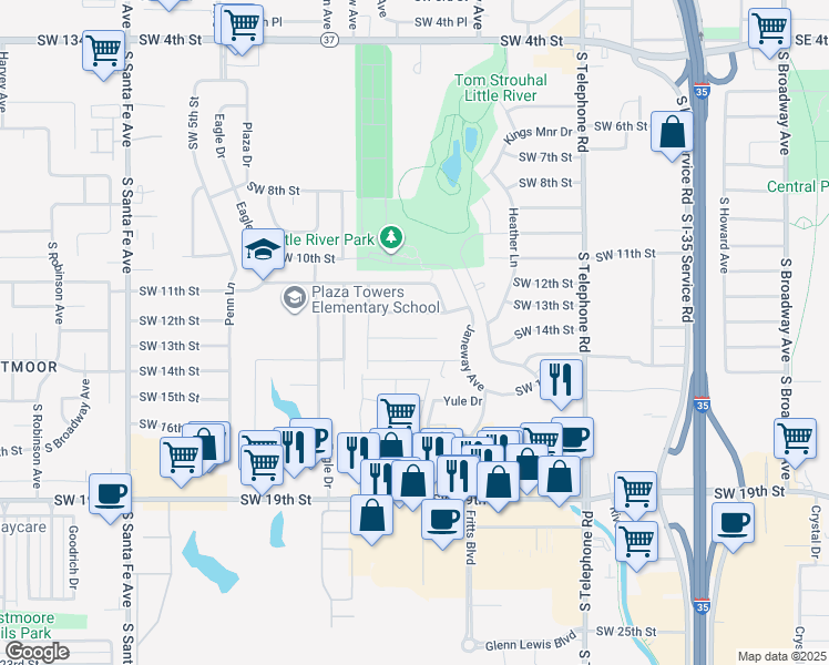 map of restaurants, bars, coffee shops, grocery stores, and more near 737 Southwest 13th Street in Moore