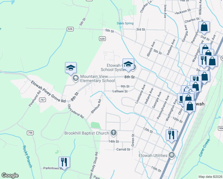 map of restaurants, bars, coffee shops, grocery stores, and more near 820 Scott Avenue in Etowah