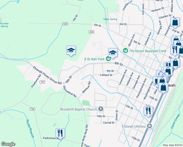 map of restaurants, bars, coffee shops, grocery stores, and more near 816 Dunn St in Etowah