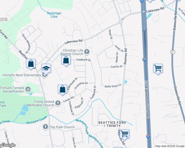 map of restaurants, bars, coffee shops, grocery stores, and more near 9701 Feldbank Drive in Charlotte