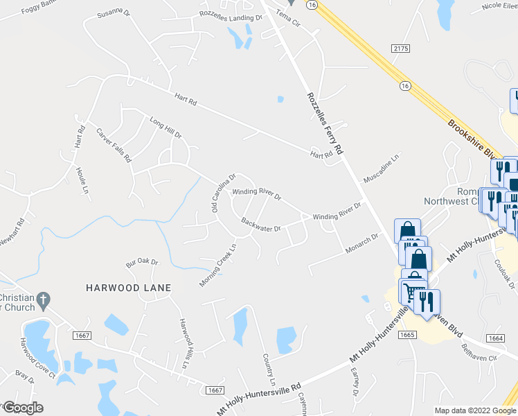 map of restaurants, bars, coffee shops, grocery stores, and more near 10627 Secret Garden Lane in Charlotte