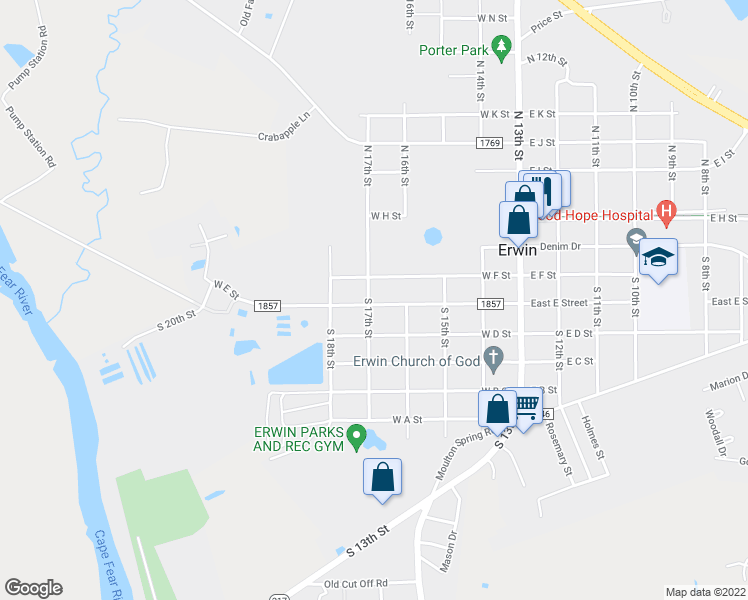 map of restaurants, bars, coffee shops, grocery stores, and more near 307 South 17th Street in Erwin