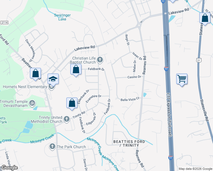 map of restaurants, bars, coffee shops, grocery stores, and more near 9701 Feldbank Drive in Charlotte