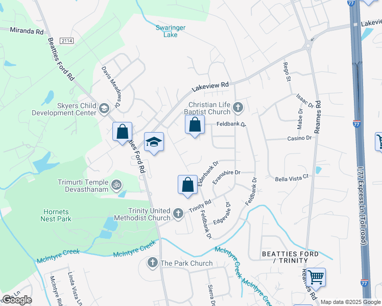 map of restaurants, bars, coffee shops, grocery stores, and more near 6607 Cedar Cliff Drive in Charlotte