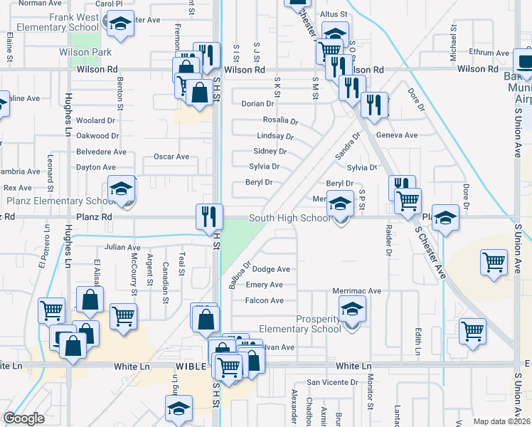 map of restaurants, bars, coffee shops, grocery stores, and more near 1313 Planz Road in Bakersfield