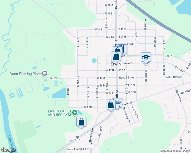 map of restaurants, bars, coffee shops, grocery stores, and more near 306 South 15th Street in Erwin