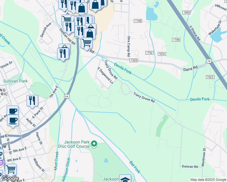 map of restaurants, bars, coffee shops, grocery stores, and more near 320 Tracy Grove Road in Hendersonville