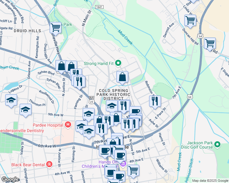 map of restaurants, bars, coffee shops, grocery stores, and more near 1020 Highland Avenue in Hendersonville