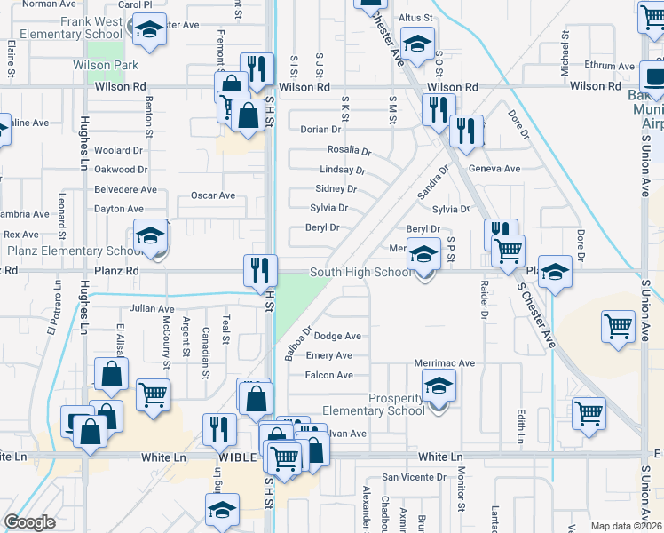 map of restaurants, bars, coffee shops, grocery stores, and more near 1313 Planz Road in Bakersfield