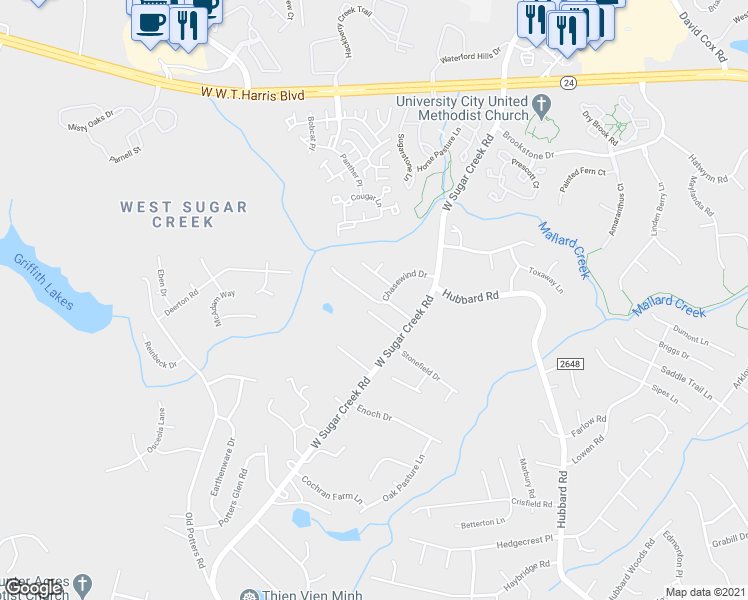 map of restaurants, bars, coffee shops, grocery stores, and more near Conner Ridge Lane in Charlotte