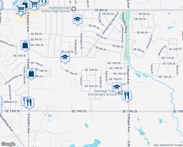 map of restaurants, bars, coffee shops, grocery stores, and more near 1513 Southeast 14th Street in Moore