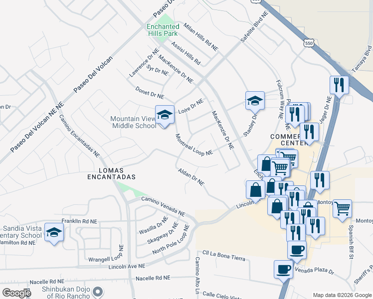 map of restaurants, bars, coffee shops, grocery stores, and more near 7301 Kodiak Road Northeast in Rio Rancho