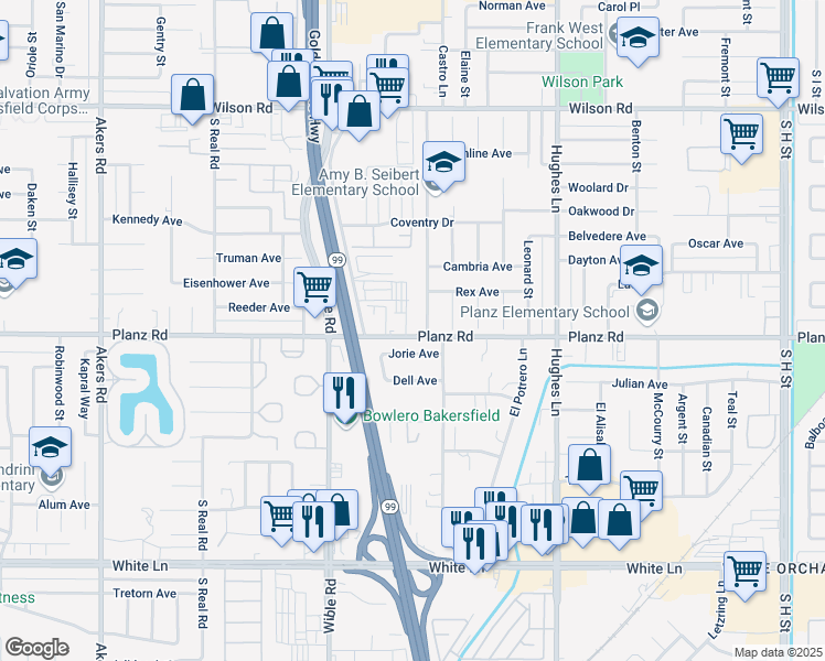 map of restaurants, bars, coffee shops, grocery stores, and more near 3000 Planz Road in Bakersfield