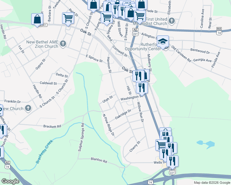 map of restaurants, bars, coffee shops, grocery stores, and more near 325 Harmon Street in Forest City