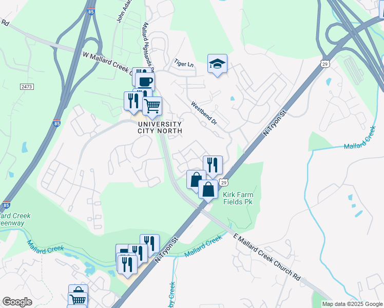 map of restaurants, bars, coffee shops, grocery stores, and more near 415 Oakwood Creek Lane in Charlotte