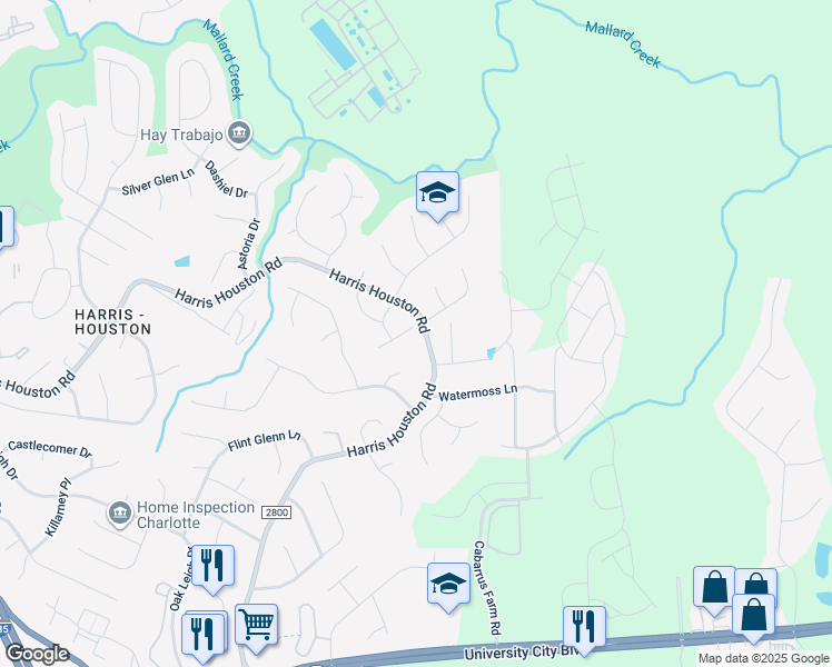 map of restaurants, bars, coffee shops, grocery stores, and more near 10920 Faringford Court in Charlotte