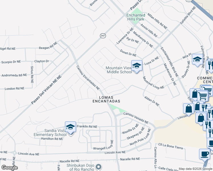 map of restaurants, bars, coffee shops, grocery stores, and more near 7011 Overview Road NorthEast in Rio Rancho