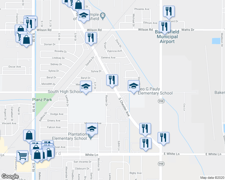 map of restaurants, bars, coffee shops, grocery stores, and more near 700 Planz Road in Bakersfield