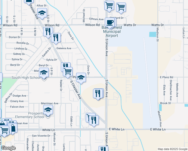 map of restaurants, bars, coffee shops, grocery stores, and more near 54 Planz Road in Bakersfield
