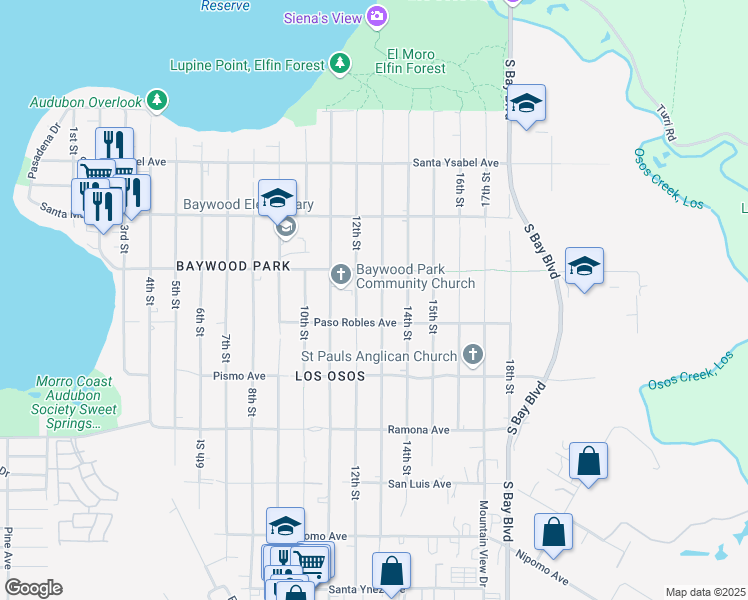 map of restaurants, bars, coffee shops, grocery stores, and more near 1455 13th Street in Baywood-Los Osos
