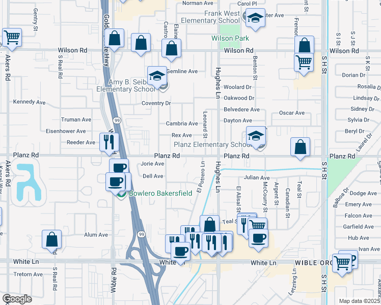 map of restaurants, bars, coffee shops, grocery stores, and more near 3217 Earnest Court in Bakersfield