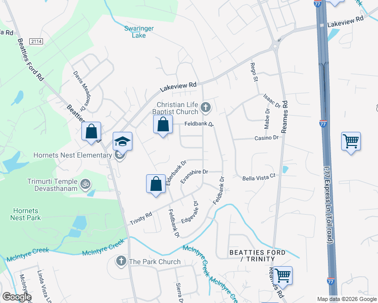 map of restaurants, bars, coffee shops, grocery stores, and more near 5413 Elderbank Drive in Charlotte