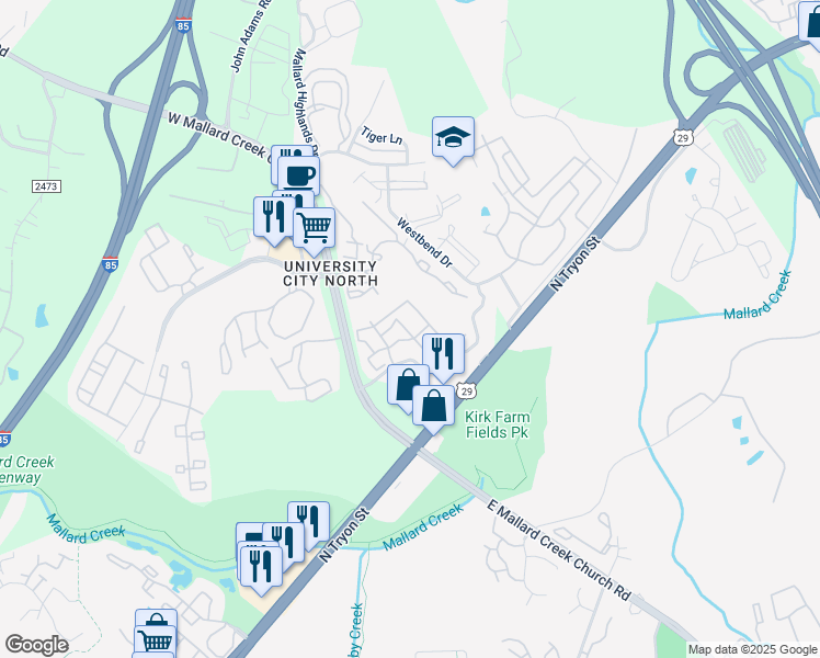 map of restaurants, bars, coffee shops, grocery stores, and more near 415 Oakwood Creek Lane in Charlotte
