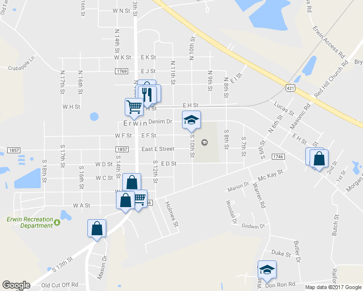 map of restaurants, bars, coffee shops, grocery stores, and more near 304 East E Street in Erwin