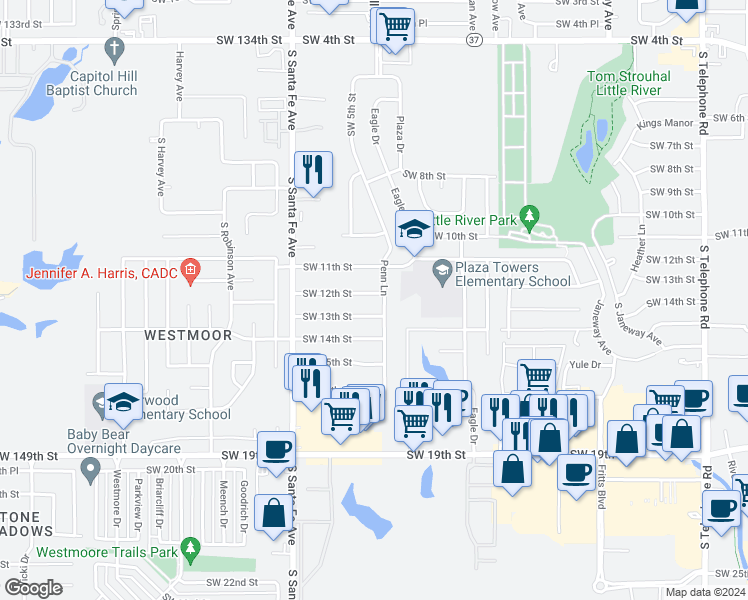 map of restaurants, bars, coffee shops, grocery stores, and more near 904 Southwest 12th Street in Moore