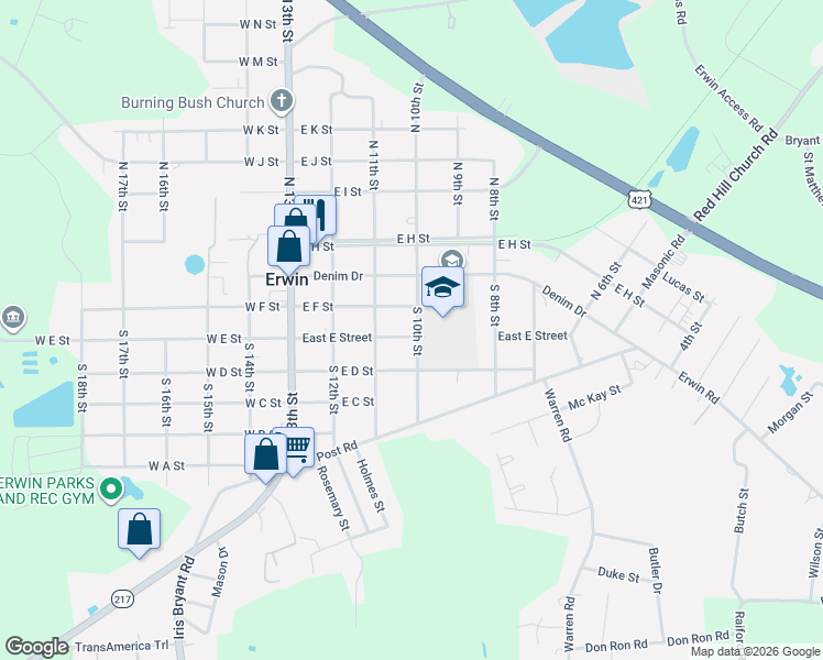 map of restaurants, bars, coffee shops, grocery stores, and more near 304 East E Street in Erwin